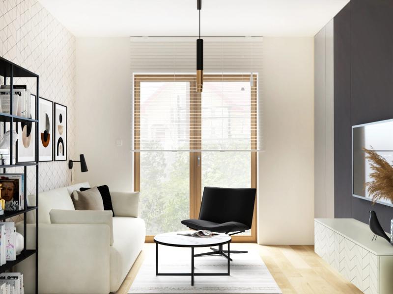 Widok od wejścia. Światło z okna przez żaluzję pada na tapetę i zmienia ją w ciągu dnia. Zasłony Kasia dowiesi sama — pod kolor sezonu.