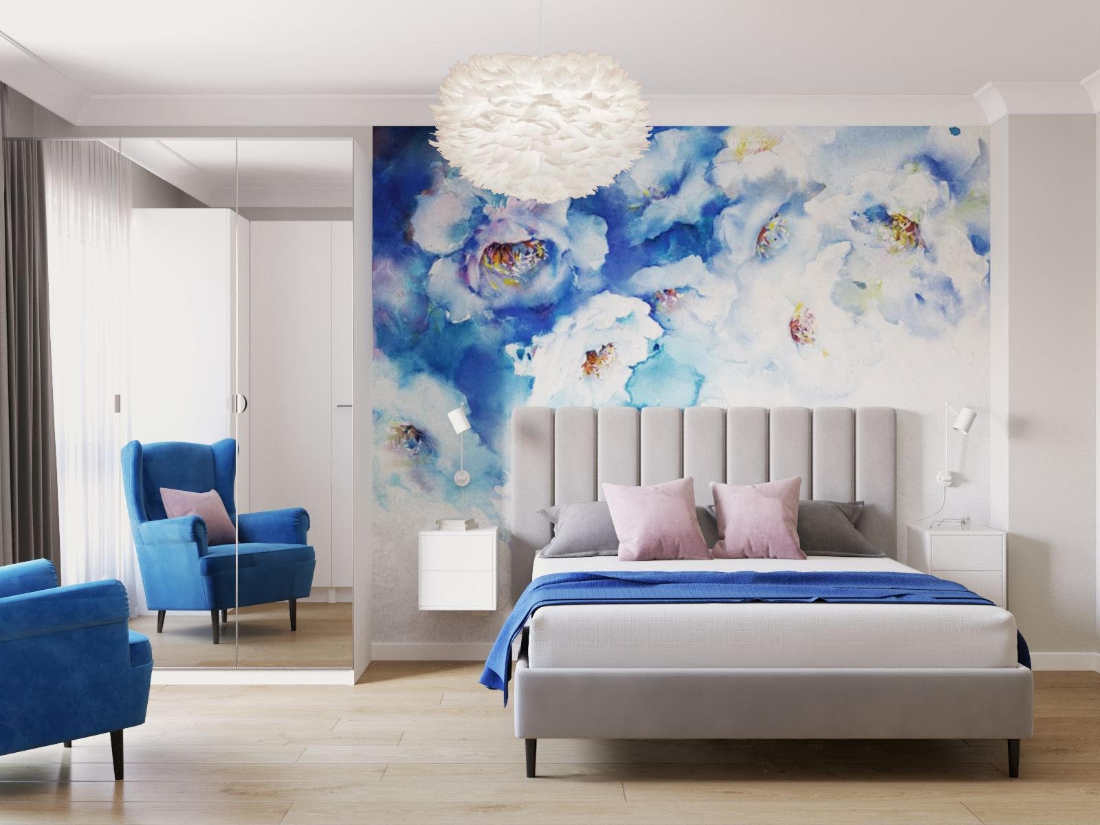 Nowoczesna sypialnia z tapicerowanym łóżkiem, białym zagłówkiem i naściennym obrazem w odcieniach błękitu. Kompletne wnętrze z szafą wnękową, fotelami oraz designerskim oświetleniem nastrojowym.