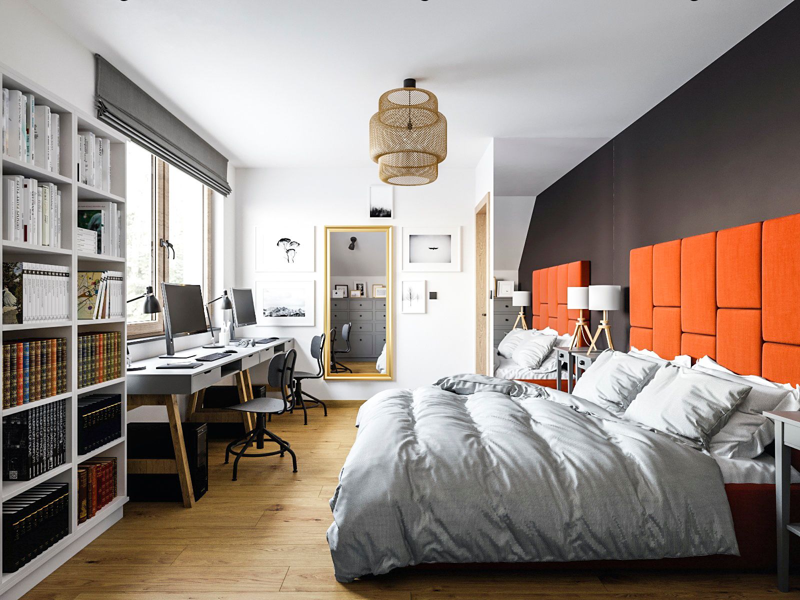 Nowoczesna sypialnia z pomarańczowym zagłówkiem tapicerowanym, drewnianą podłogą, oświetleniem nastrojowym i biurkiem przy oknie z regałami
