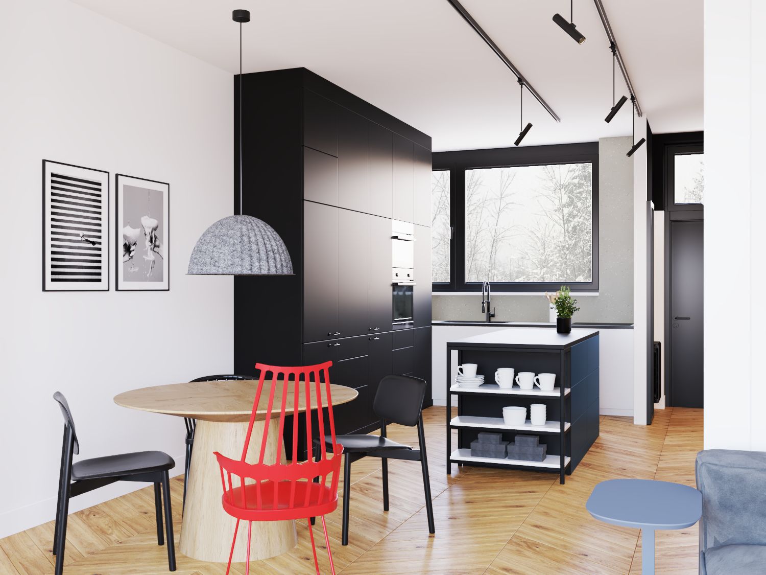 Nowoczesna kuchnia AK z czarnymi frontami, białym blatem, wyspą kuchenna i drewnianym stołem, minimalistyczny design z designerskimi krzesłami