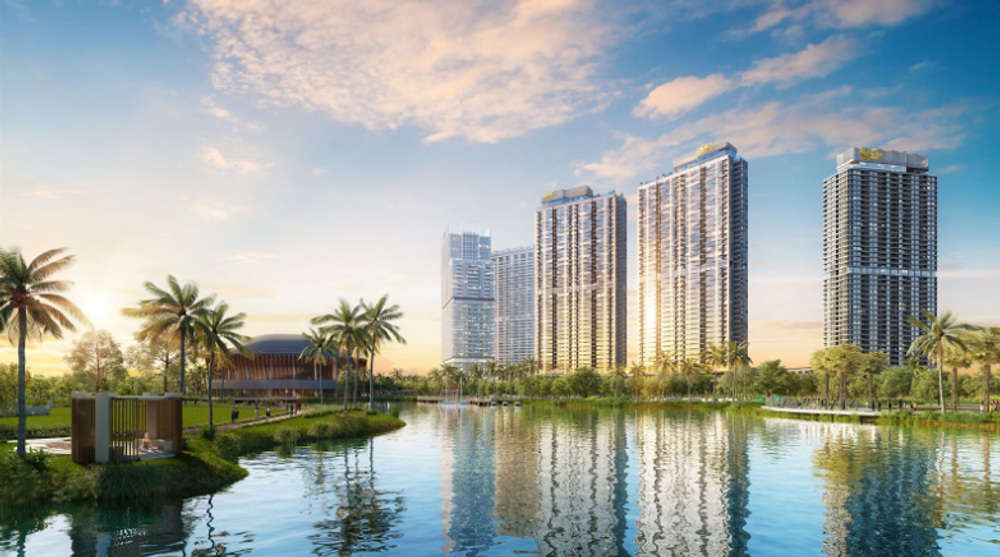 越南現代高樓住宅區全景，藍天白雲映襯下的城市景觀。
