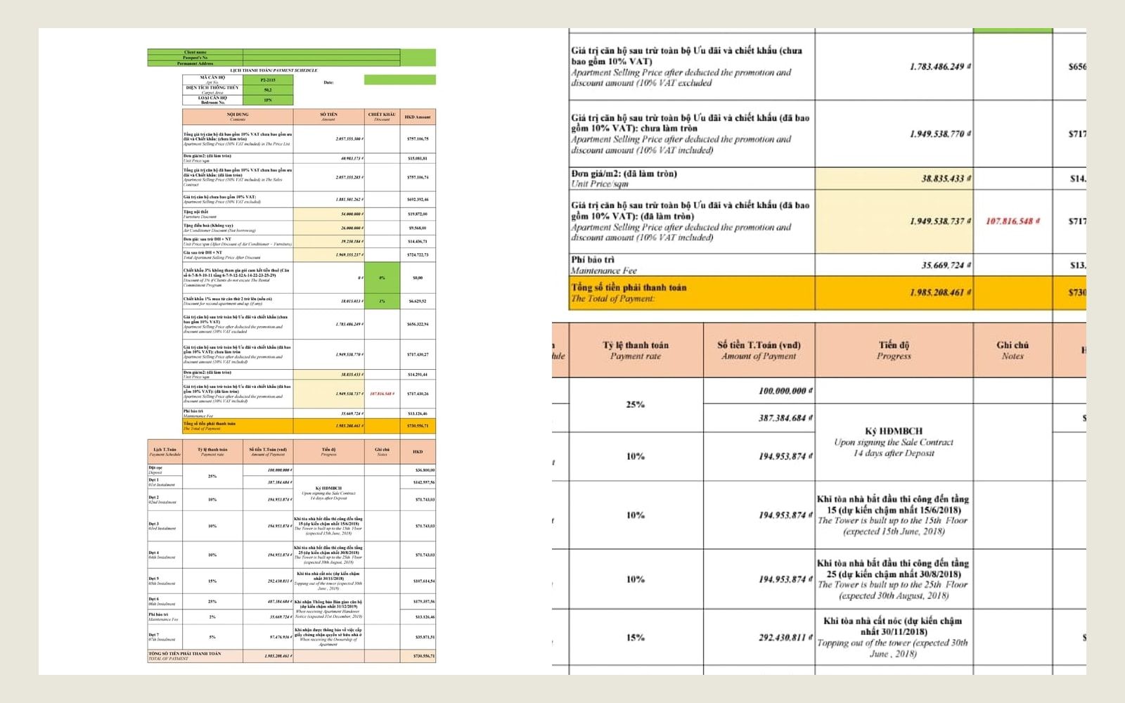 2018年河內 Mỹ Đình Pearl 單位報價及付款表。