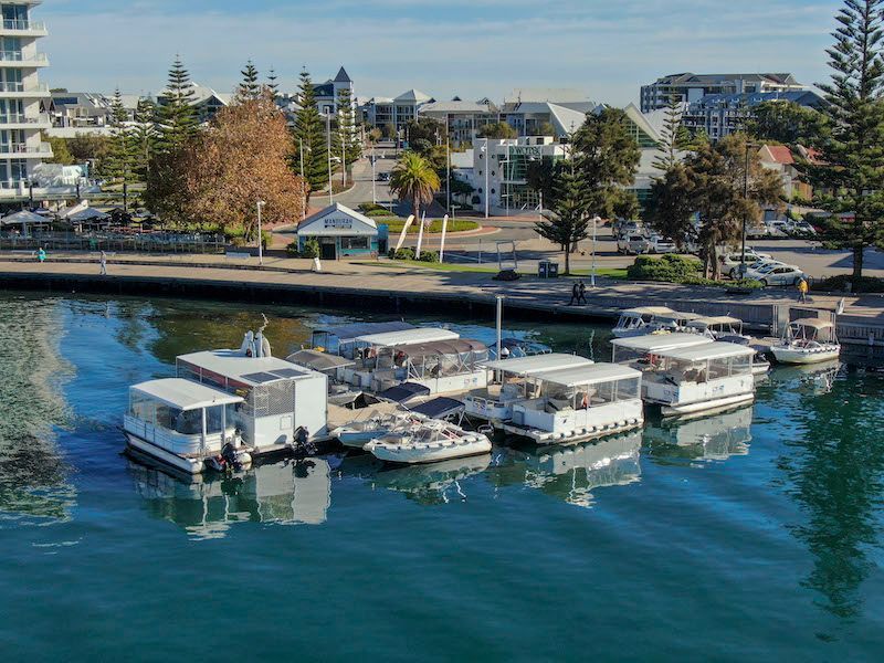 Aerial view of the Mandurah Boat Hire pontoon fleet moored in a row at the Ocean Marina, with the foreshore and town behind