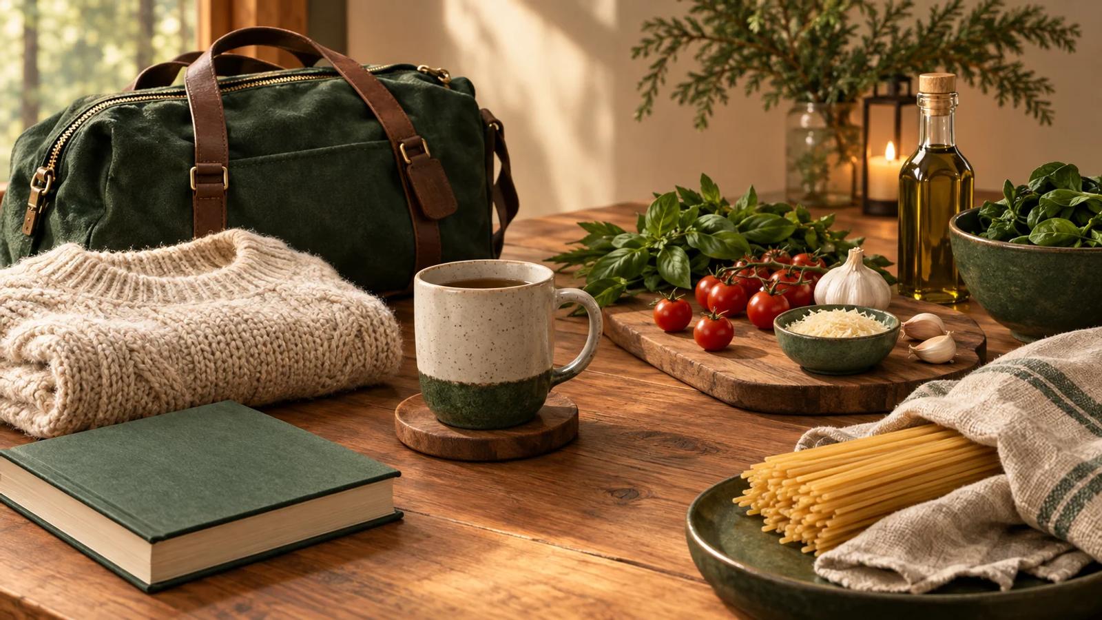 Editorial illustration of a travel bag, book, mug and dinner ingredients for a relaxed cabin arrival.