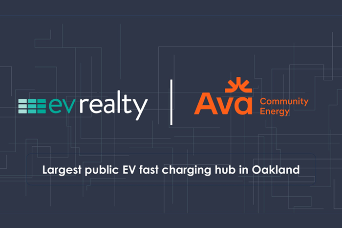 EV Realty and Ava Community Energy logos on a dark background to announce partnership of the largest public EV fast charging hub in Oakland