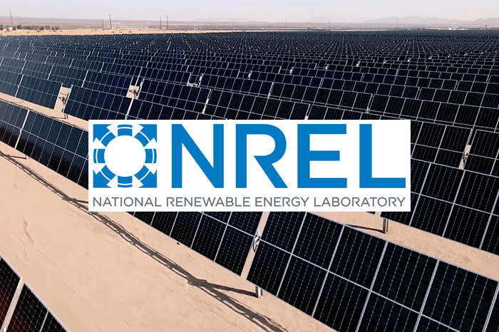 NREL logo over an image of solar panels in the California desert