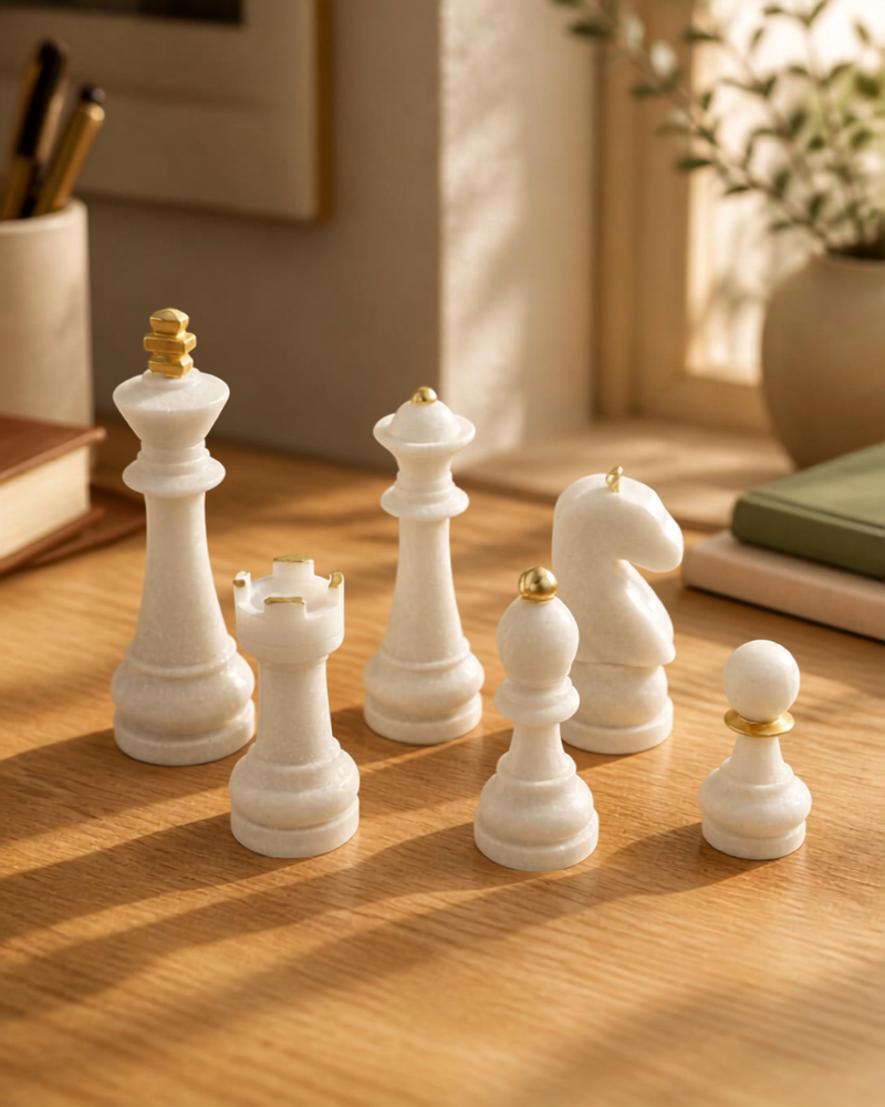 Set de 6 piezas decorativas de ajedrez Angie en resina acabado blanco