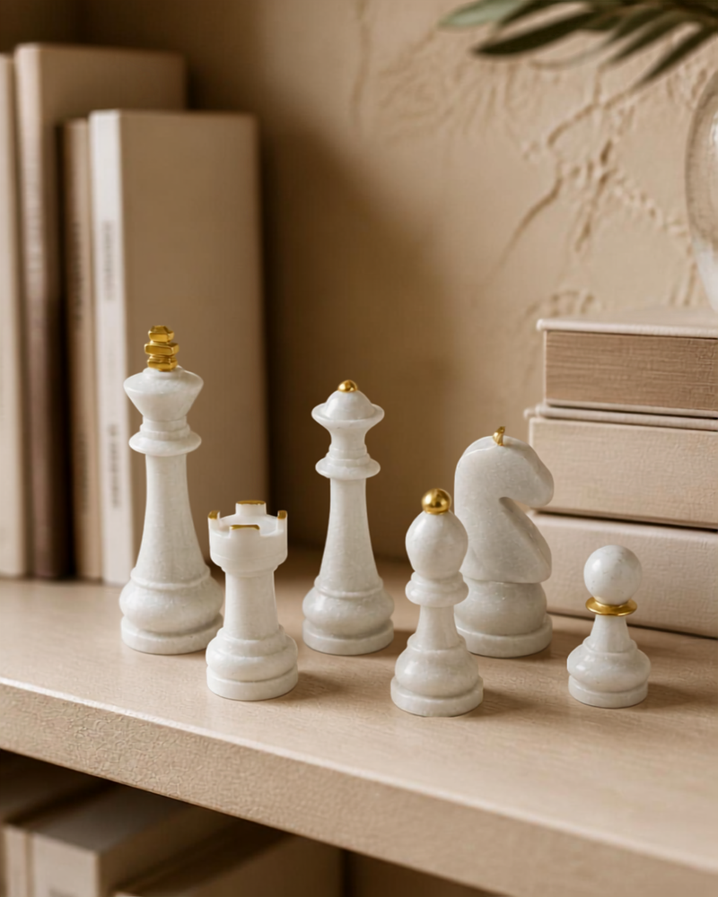 Set de 6 piezas decorativas de ajedrez Angie en resina acabado blanco — vista 3