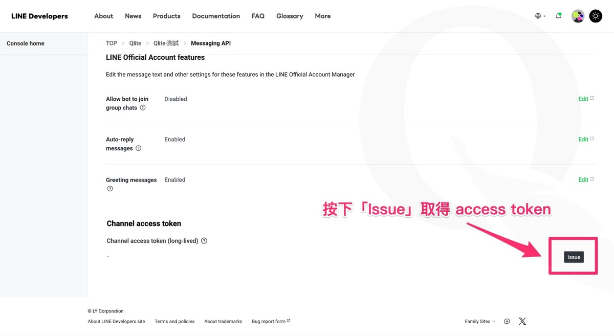 Messaging API 頁面底部 Channel access token 區塊與 Issue 按鈕