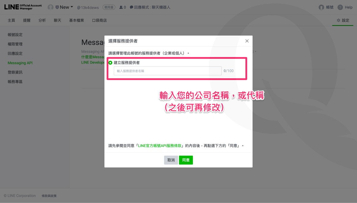 啟用 Messaging API 後彈出的服務提供者 (Provider) 設定彈窗