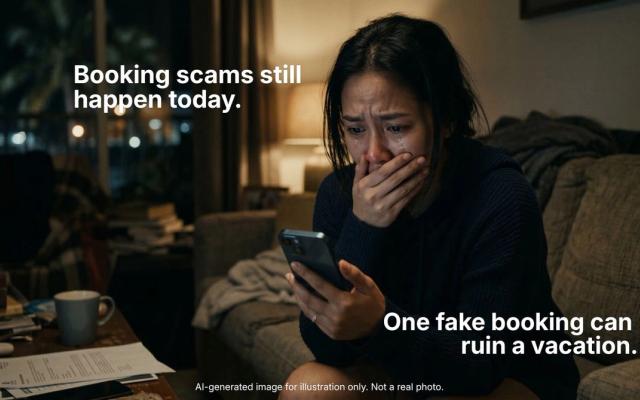 Woman looking distressed at her phone after a suspected hotel booking scam.