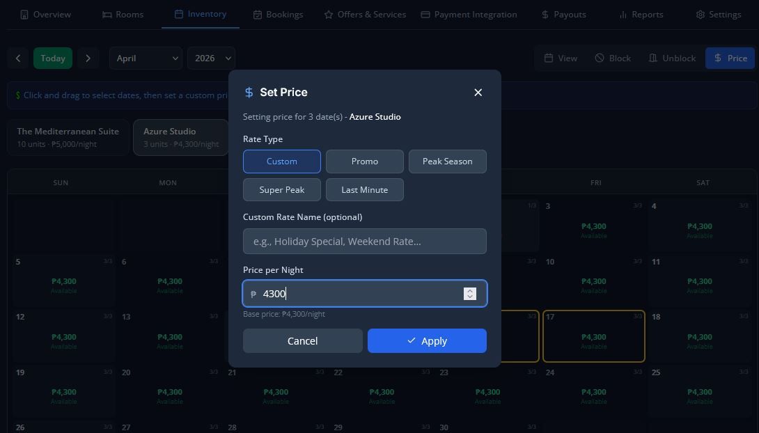 Room inventory settings of price
