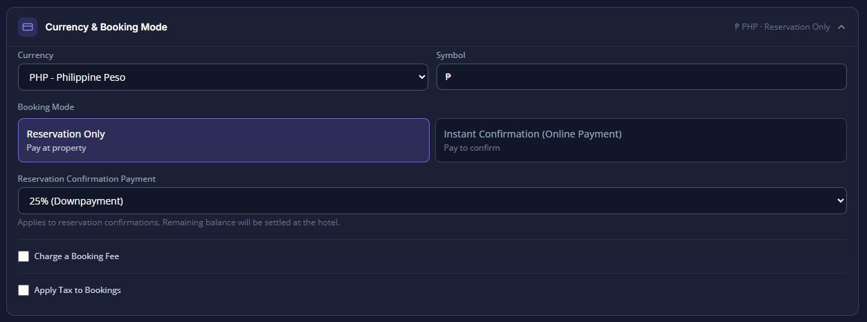currency and booking modes