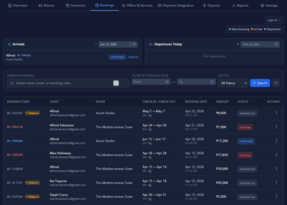Stayfront Bookings tab