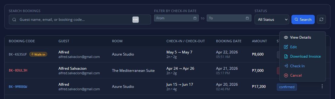 bookings tab action column