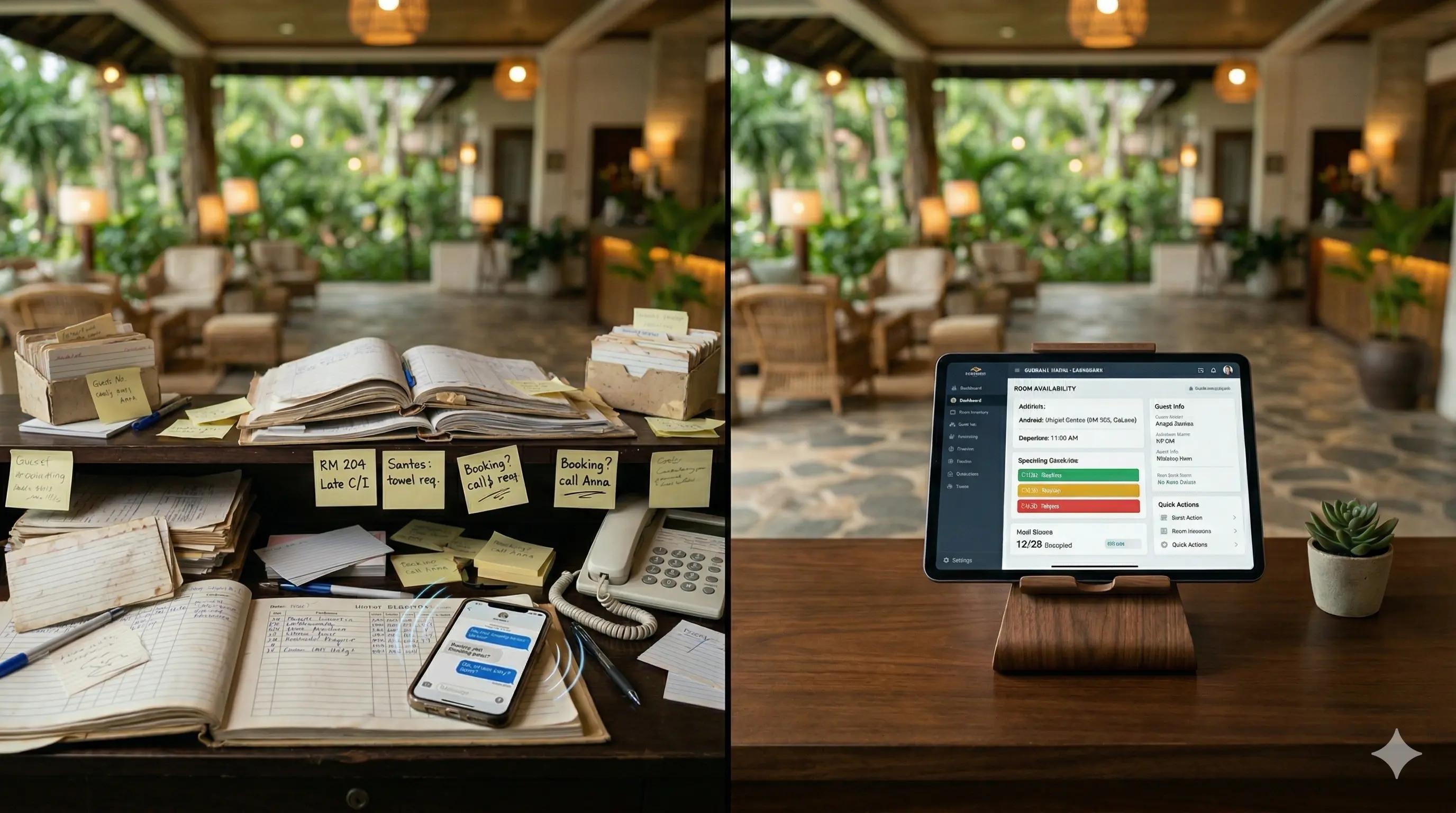 Small hotel front desk transitioning from messy manual booking inquiries to the Stayfront digital booking flow.
