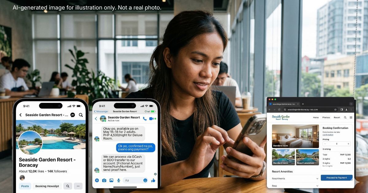 A woman in a cafe reviews resort booking information and a confirmation page on her smartphone and laptop.