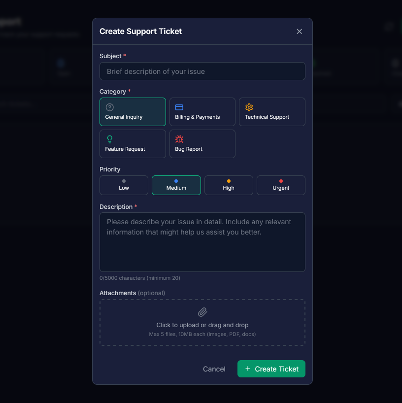 Create support ticket screenshot