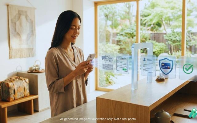 A woman at a hotel reception desk uses her smartphone to complete a floating digital booking and payment process.