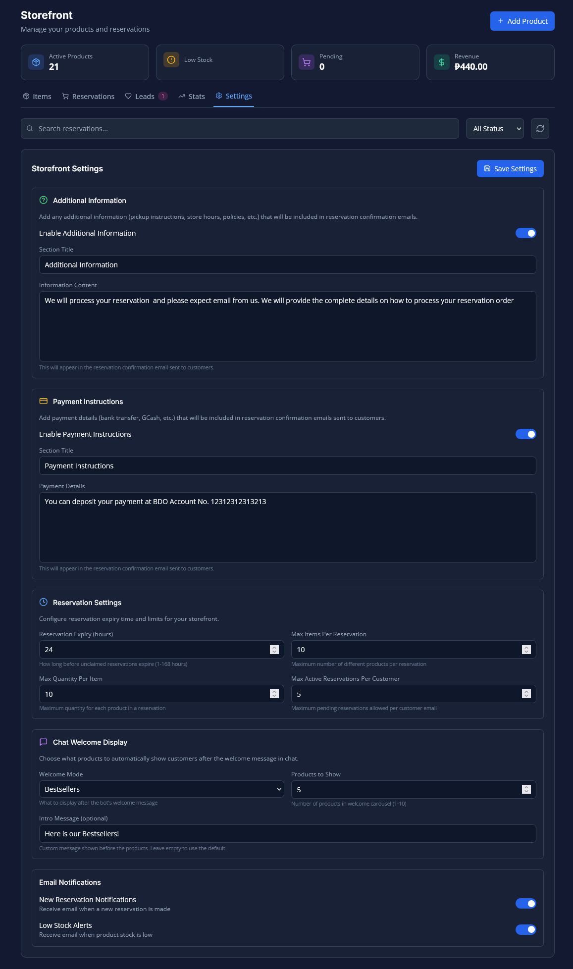 Storefront settings