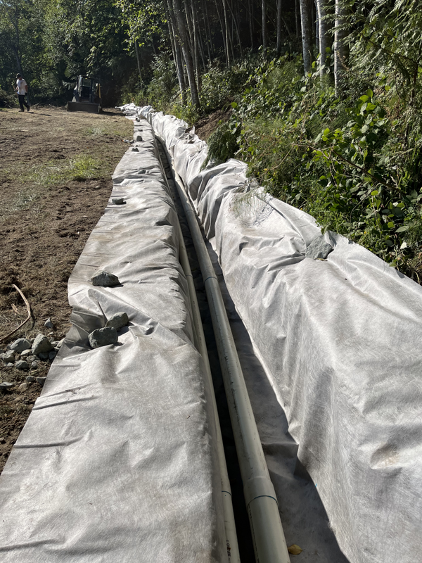 A long french drain installed to drain water away from the property.