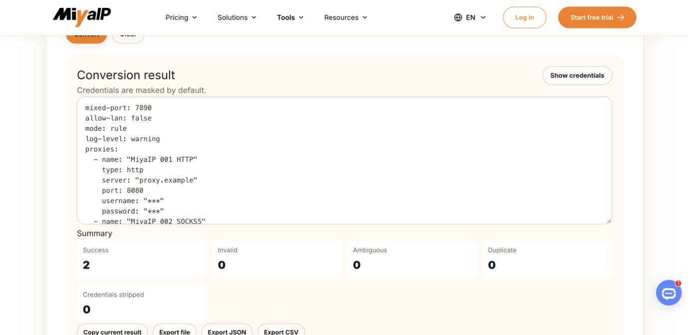 MIYAIP converter showing a generated Clash YAML profile and two successful entries