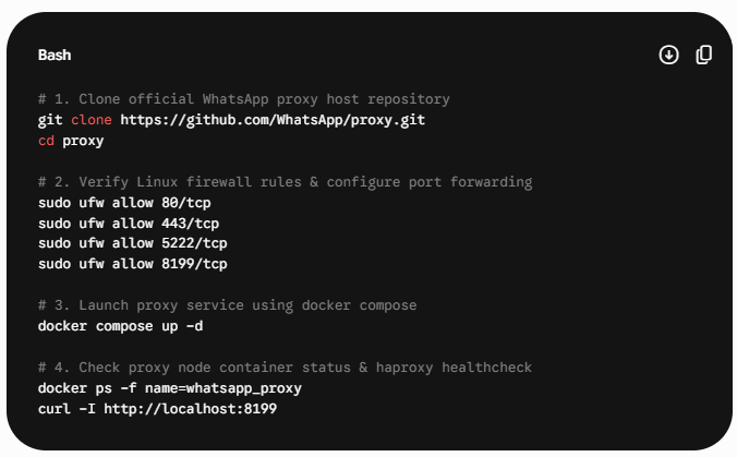 Terminal commands for cloning the official WhatsApp proxy repository, configuring firewall ports, starting Docker Compose, and checking HAProxy health