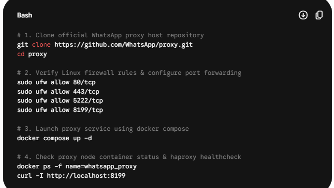 Terminal commands for cloning the official WhatsApp proxy repository, configuring firewall ports, starting Docker Compose, and checking HAProxy health