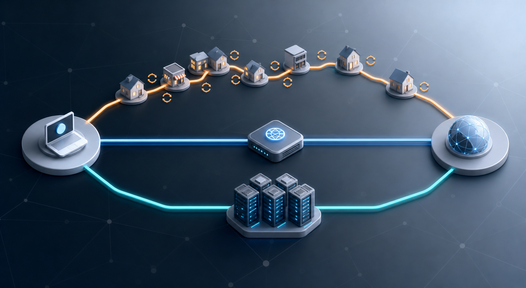 Three proxy network paths showing rotating residential nodes, one stable ISP gateway, and a datacenter server cluster