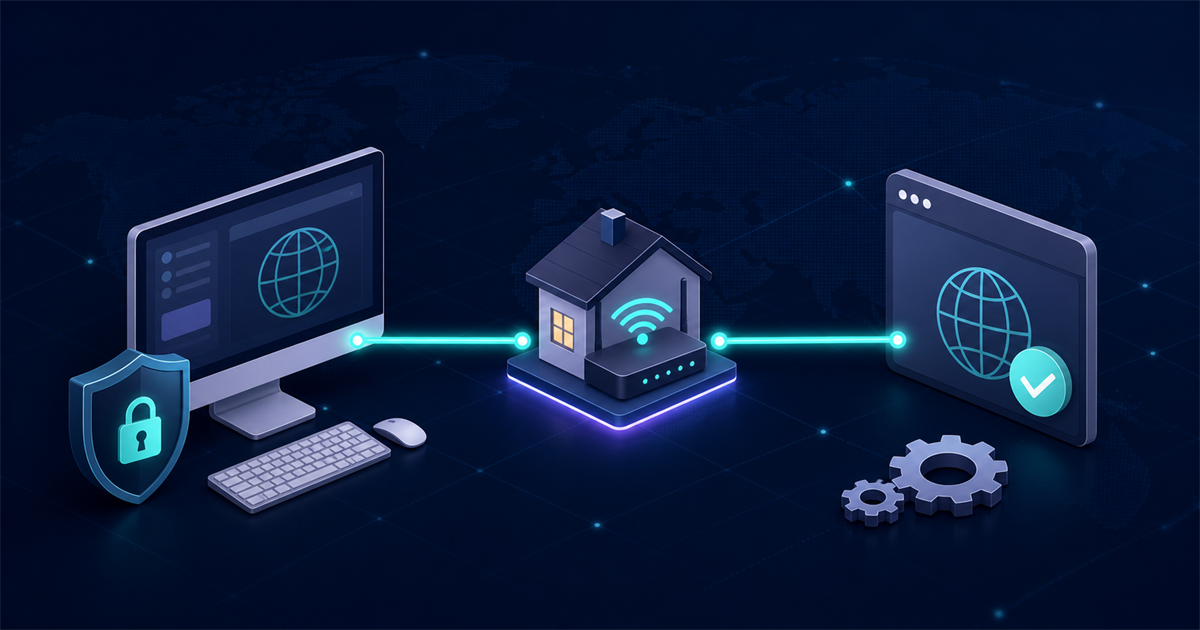 A desktop connects through one stable residential ISP gateway to a verified web endpoint