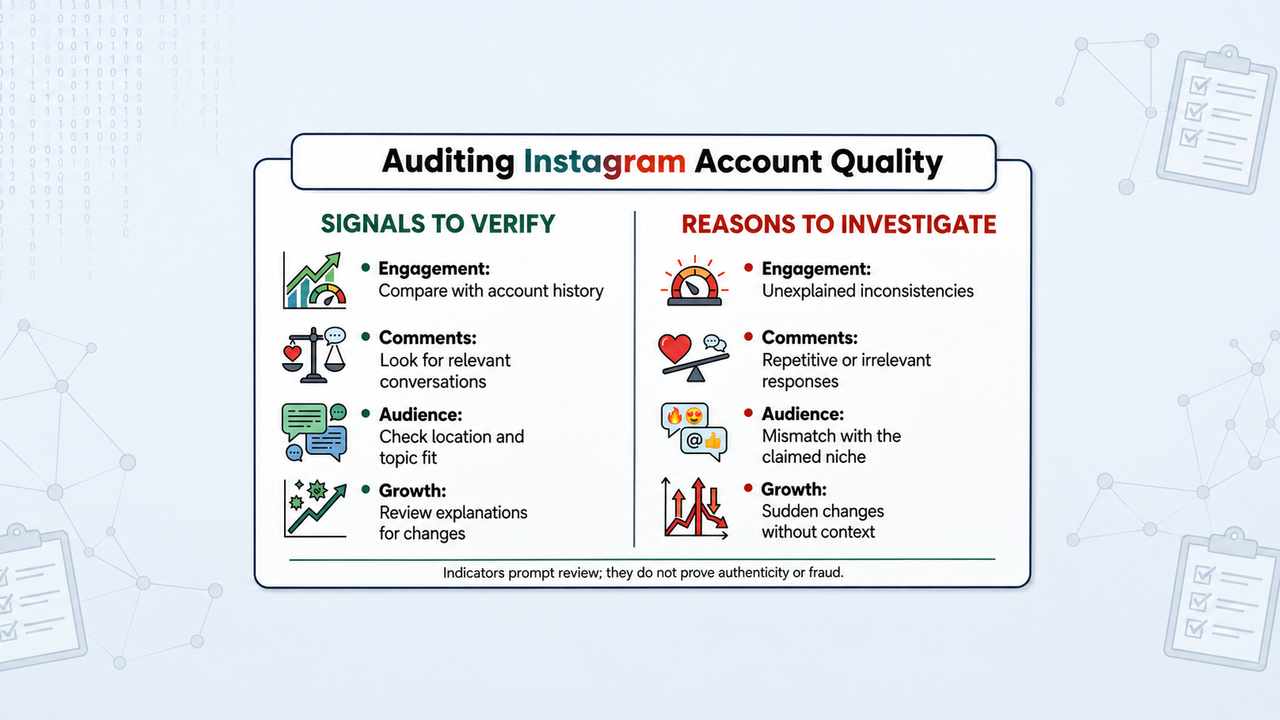 Instagram account due-diligence guide comparing signals to verify with reasons to investigate.