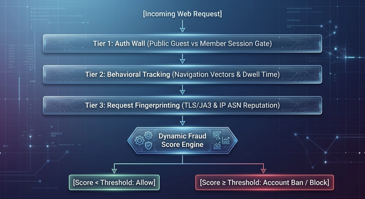 Multi-tier anti-abuse signals feeding a dynamic fraud score and allow or block decision