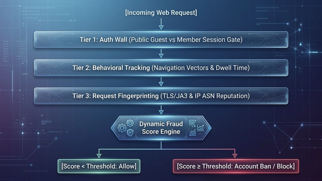 Multi-tier anti-abuse signals feeding a dynamic fraud score and allow or block decision