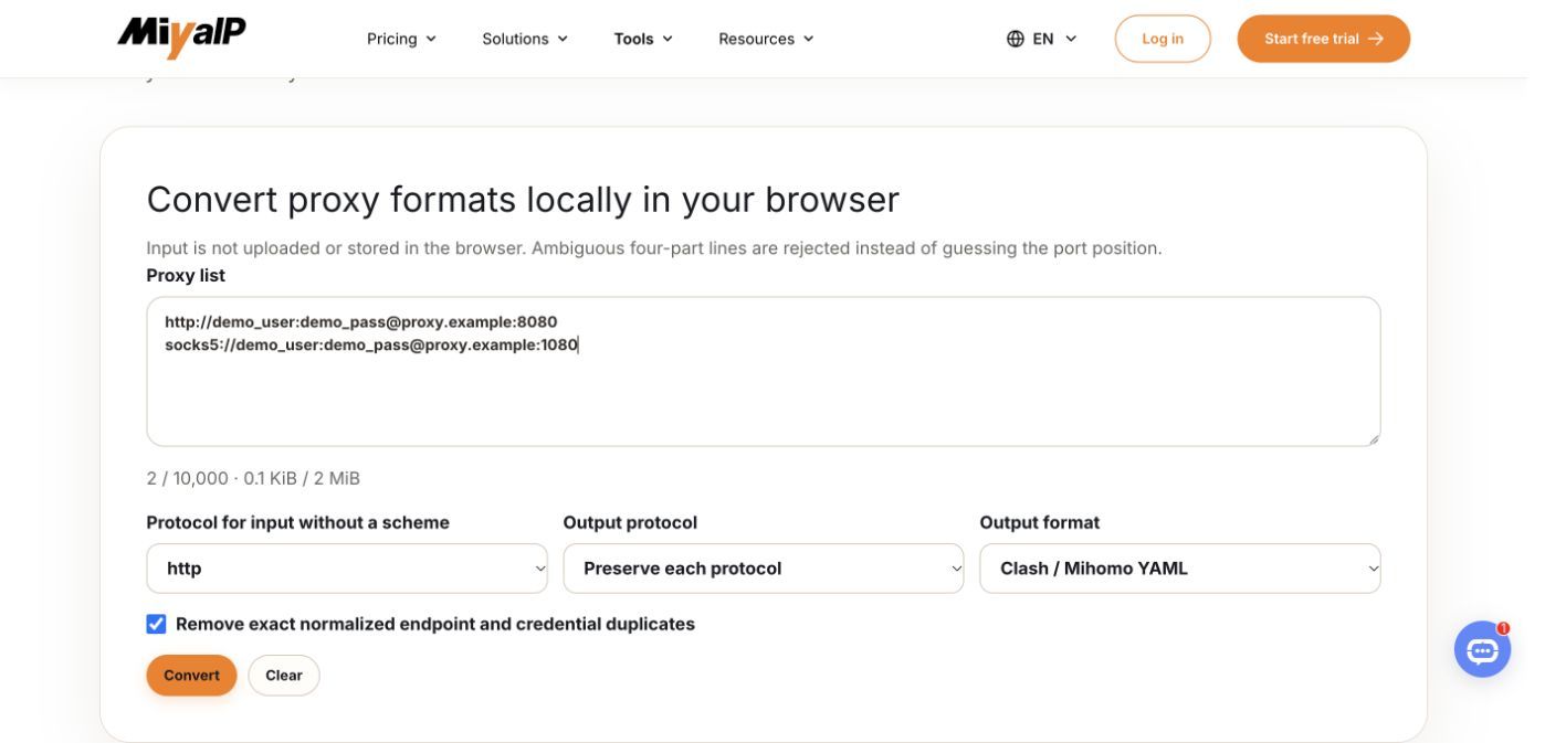 Selecting Clash and Mihomo YAML output for HTTP and SOCKS5 example entries