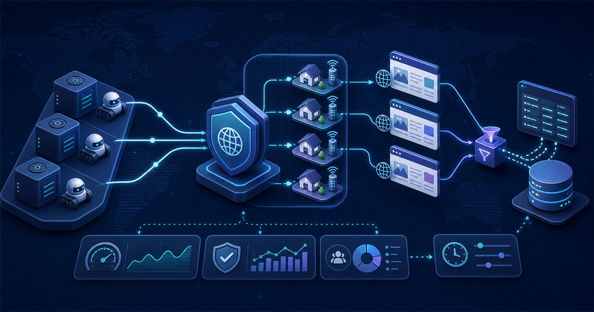 Crawler workers route authorized public web requests through a managed proxy gateway into a monitored data pipeline