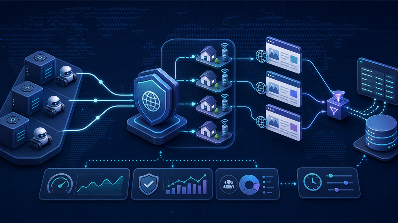 Crawler workers route authorized public web requests through a managed proxy gateway into a monitored data pipeline