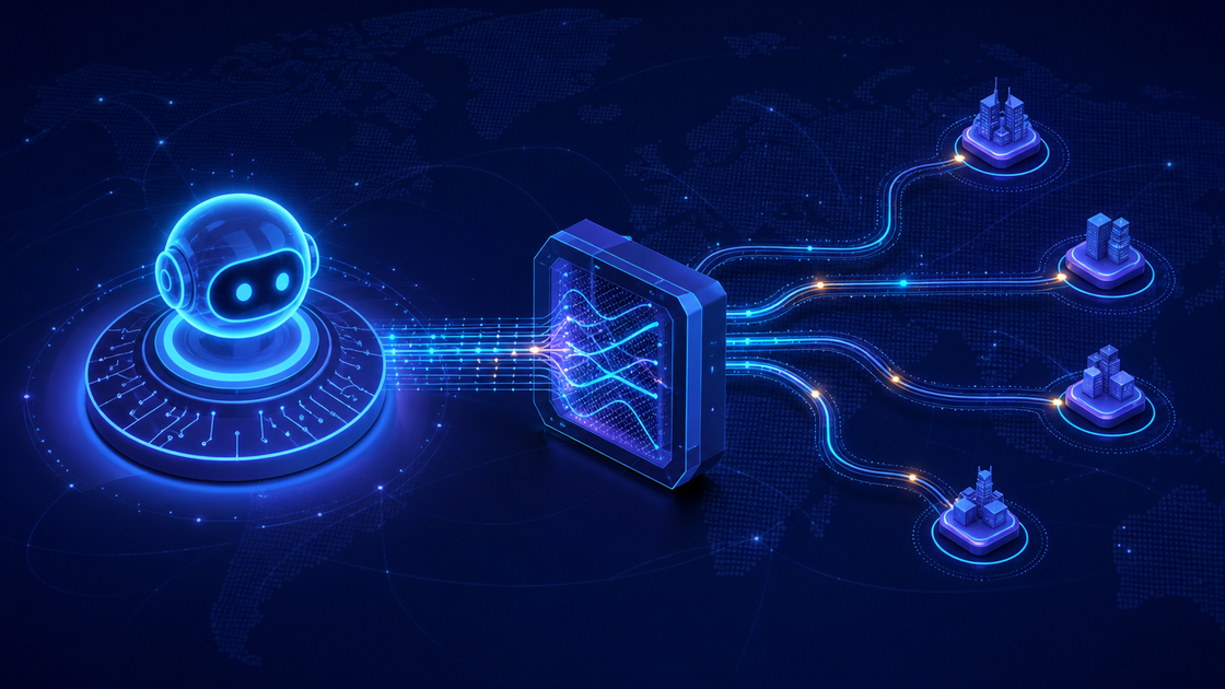 An AI agent routes network traffic through a proxy gateway to regional endpoints