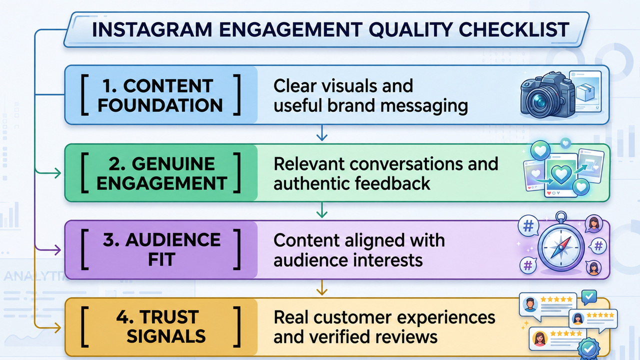 Checklist for Instagram engagement: content foundation, genuine engagement, audience fit and trust signals.