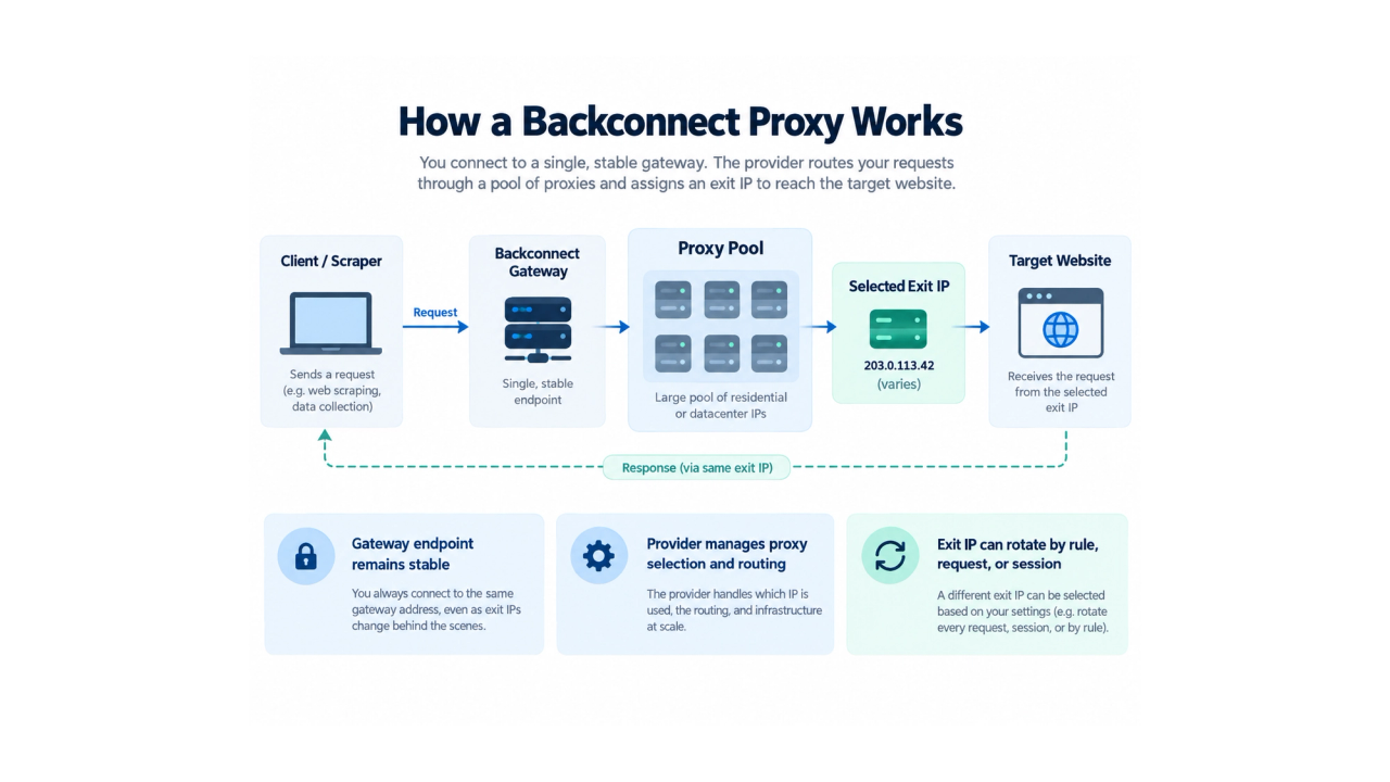 How a backconnect proxy routes a client request through a stable gateway, proxy pool, and selected exit IP.