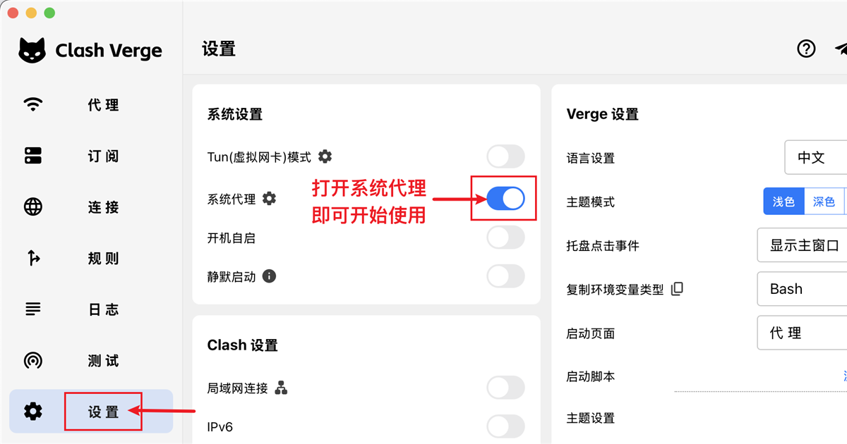 Clash Verge Rev settings screen with the System Proxy control highlighted
