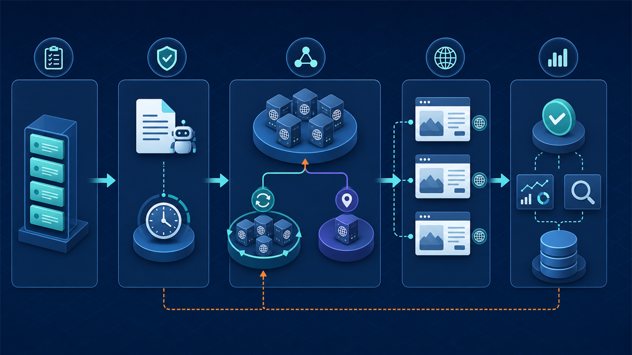 Responsible web-scraping architecture from job queue through policy, proxy routing, public pages, validation, and observability