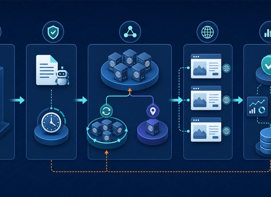 Responsible web-scraping architecture from job queue through policy, proxy routing, public pages, validation, and observability