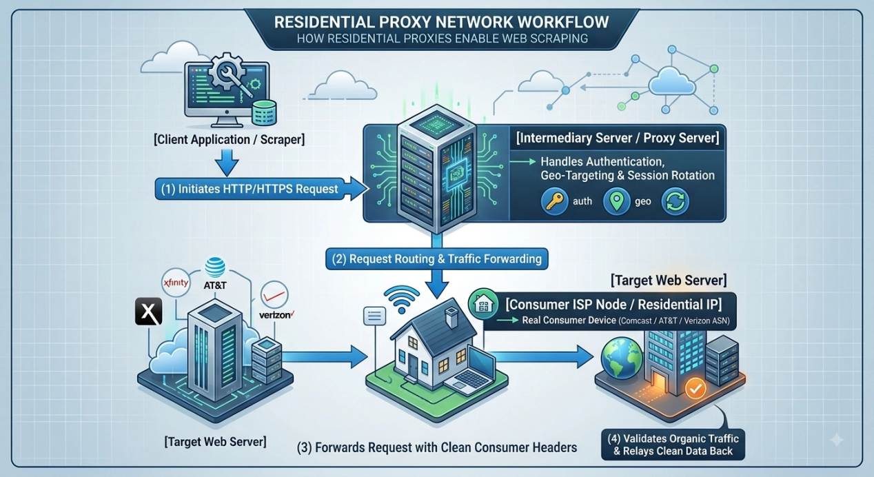 Residential proxy network workflow from a client request through a proxy gateway and residential ISP exit to the target server