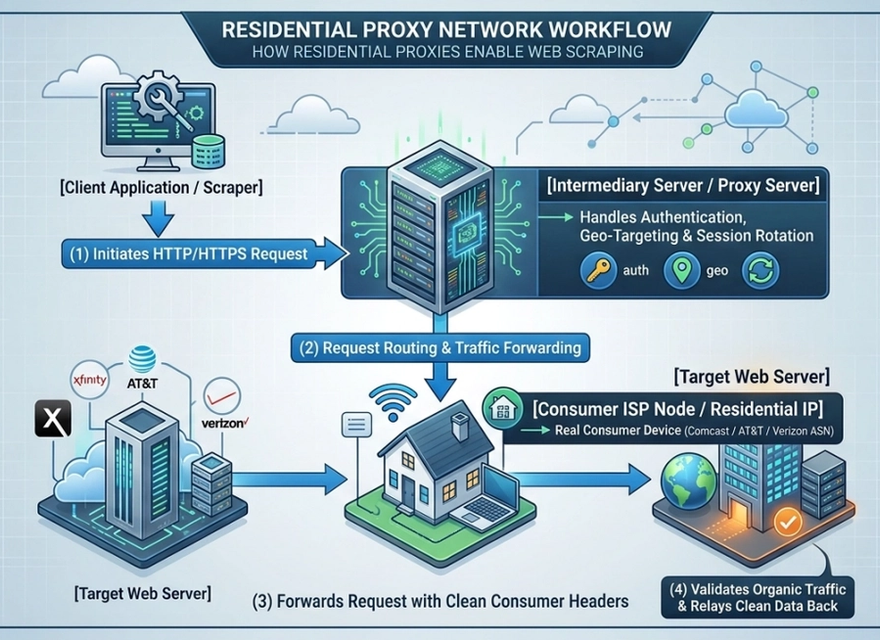 Residential proxy network workflow from a client request through a proxy gateway and residential ISP exit to the target server