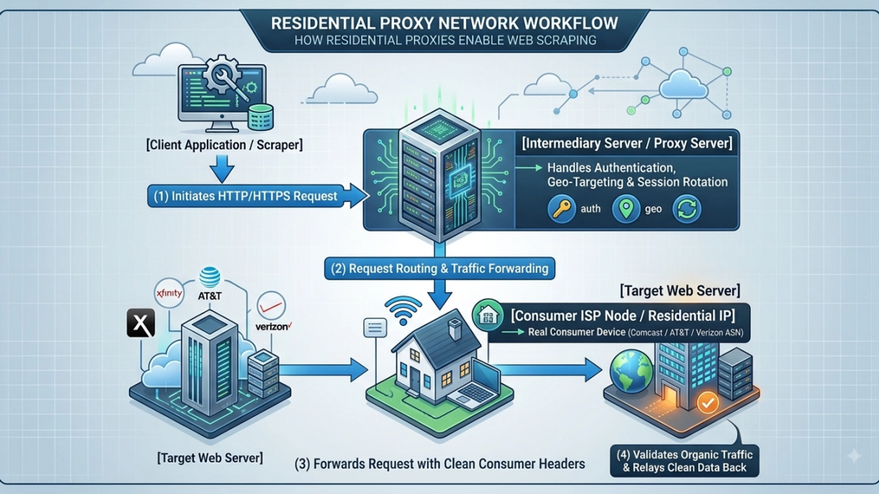 Residential proxy network workflow from a client request through a proxy gateway and residential ISP exit to the target server