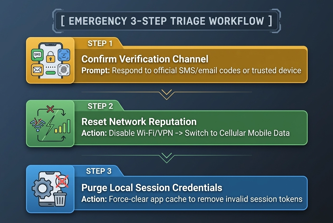 Three-step Instagram challenge triage workflow covering official verification, a stable connection, and local app cache
