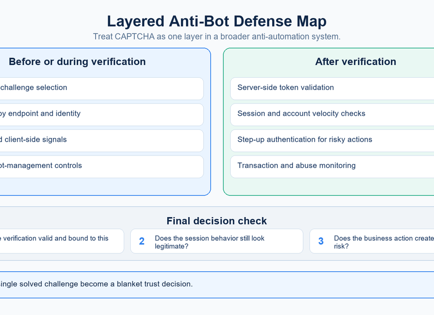 Layered anti-bot defenses before and after challenge completion