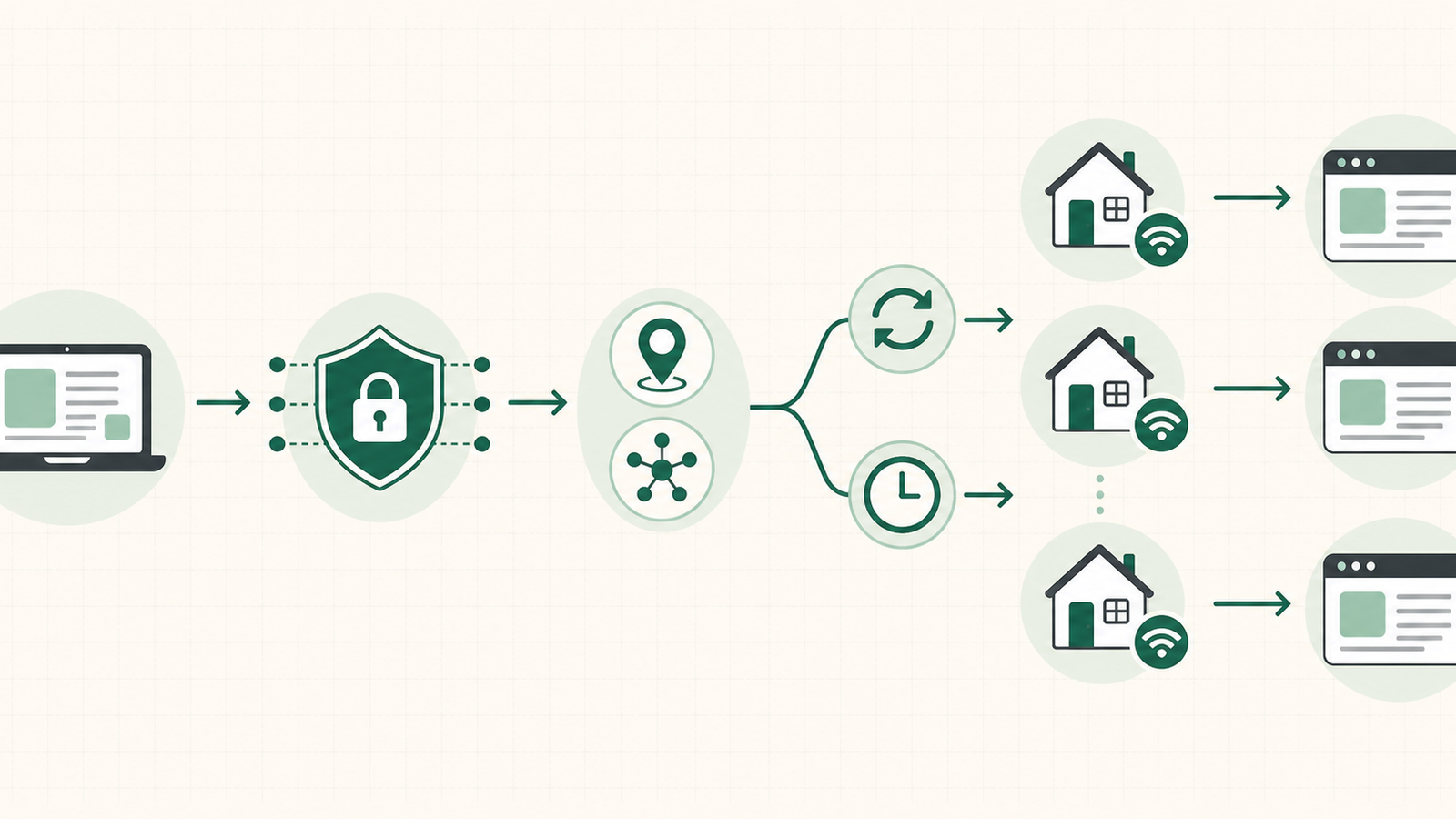Diagram showing a client, secure proxy gateway, location targeting, rotation or sticky-session choice, residential exits, and public websites