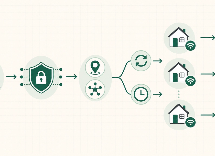 Diagram showing a client, secure proxy gateway, location targeting, rotation or sticky-session choice, residential exits, and public websites
