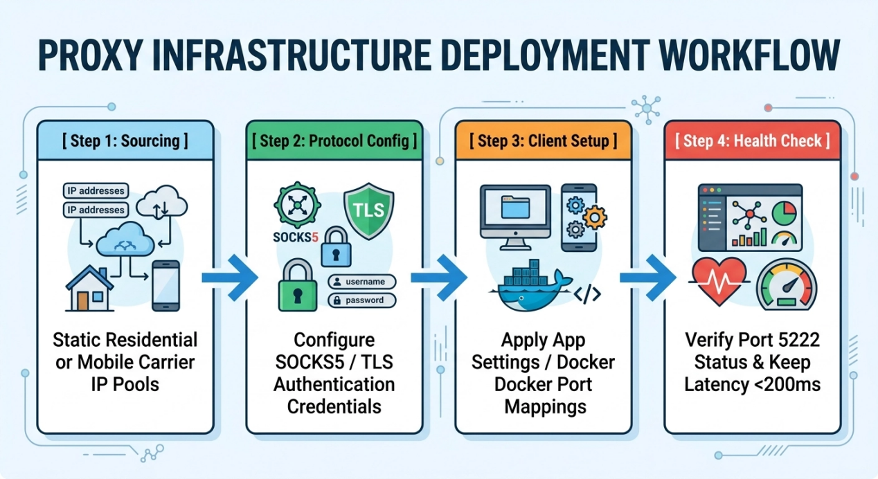 Four-step proxy infrastructure deployment workflow covering route selection, protocol setup, client configuration, and health checks